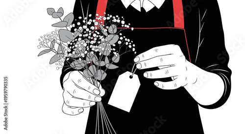 Person holding bouquet of flowers with tag.