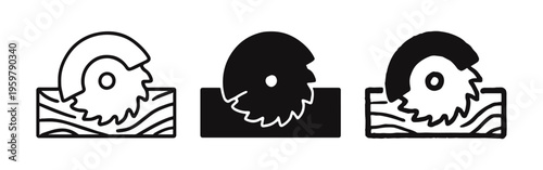 Circular saw cutting wood icon set. Woodworking, construction, and carpentry tool symbol.