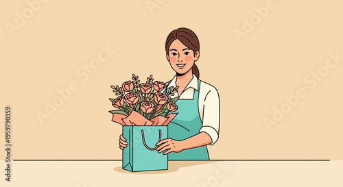Woman holding flowers in shopping bag.