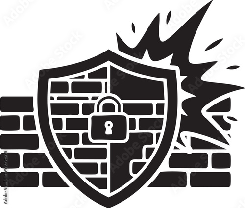 A shield with a padlock protects a brick wall from a dramatic explosion.