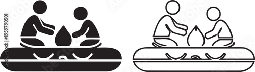 Minimalist pottery workshop icons, ceramic artists working on clay wheel, black silhouette and outline vector set for craft studio branding