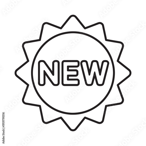 A black and white linear illustration of a starburst with new text