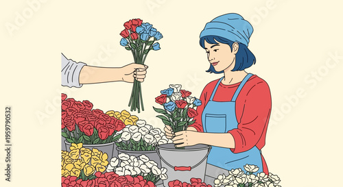 Woman selling colorful flowers at market.