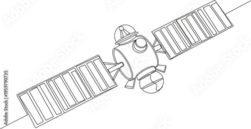 Space satellite with solar panels vector line art illustration, telecommunication technology and global networking scientific research orbital spacecraft on white background.