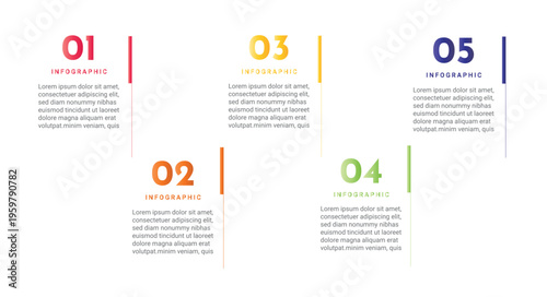 Minimalist business infographic with 5 steps. Black and white vector template for timeline, workflow, or process diagram