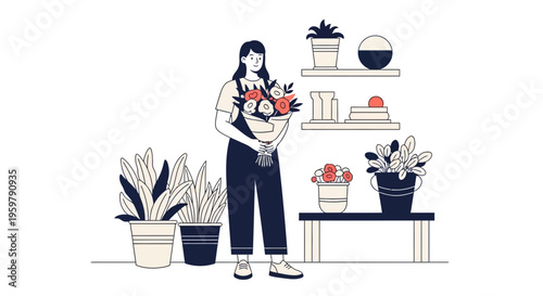 Woman holding potted plant surrounded by houseplants.