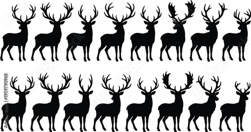Collection of deer silhouettes with antlers isolated on white background, wildlife stag shapes set for hunting design, nature illustration, vector animal clipart