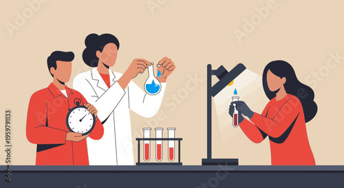 Three scientists working in laboratory setting.