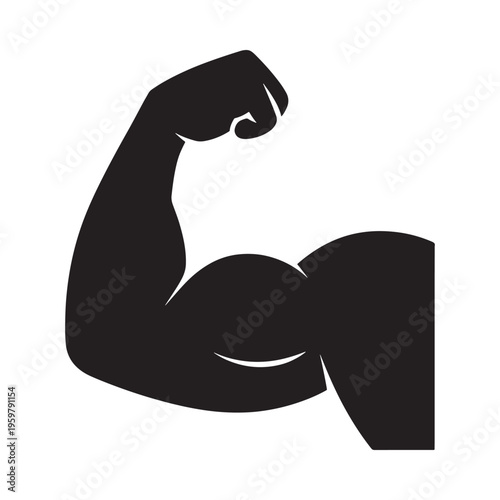 Strong muscular arm flexing a black silhouette against a white background