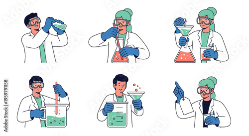 Illustrations of a scientist in lab.