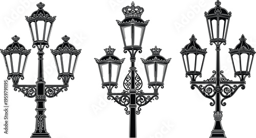 Vintage street lamp set vector illustration, ornate classic lantern posts collection, decorative antique urban lighting design, elegant iron streetlights isolated on white background