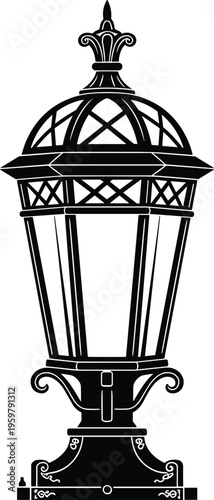 Vintage street lamp vector illustration, ornate classic lantern post design, decorative antique urban lighting element, elegant iron streetlight silhouette isolated on white background