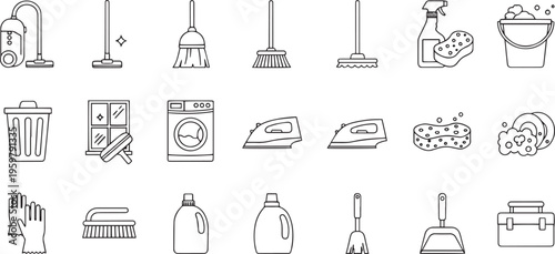 Cleaning Services and Housekeeping Equipment Line Icons Set