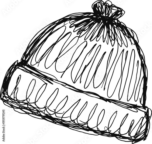 Hand drawn winter hat with pompom, warm beanie for cold weather, sketch accessory