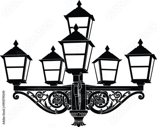 Vintage street lamp vector illustration, ornate classic lantern design, decorative antique streetlight silhouette, urban lighting element, elegant iron lamp post isolated on white background