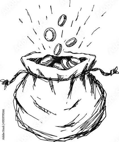 hand drawn sack overflowing with falling coins money bag with tied strings, vintage sketch illustration