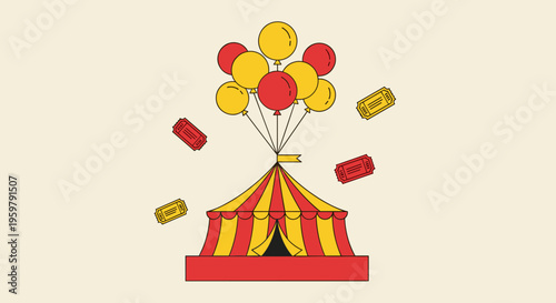 Vibrant illustration of a circus tent with festive balloons and falling tickets