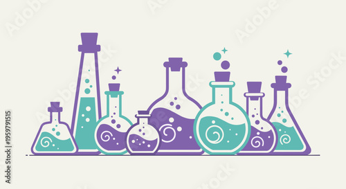 Assorted Glass Flasks with Bubbling Potions Science Magic or Chemistry Theme