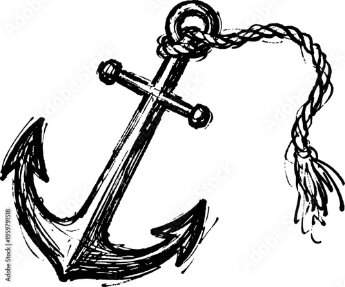 hand drawn anchor with rope tied, nautical maritime symbol of stability and security