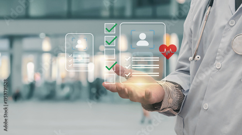 Doctor holding virtual screen displaying patient health data, showcasing digital healthcare technology and medical innovation