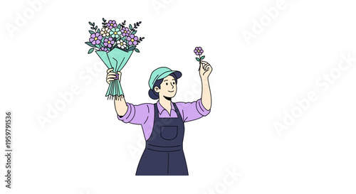 Woman holding bouquet of flowers and smiling.