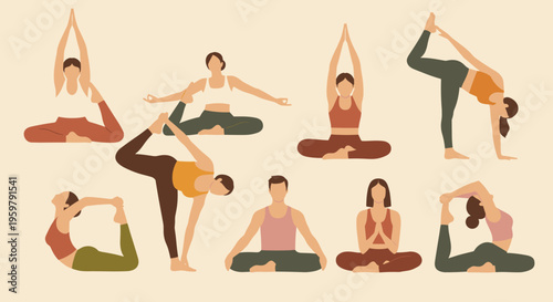 Diverse group of people practice various yoga poses demonstrating flexibility and balance
