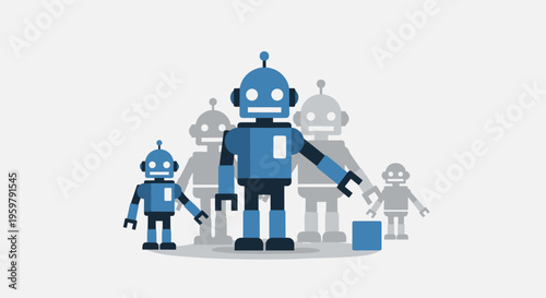Family of Blue Robots Standing Together on a White Background Artificial Intelligence