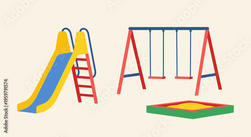 Vibrant Playground Illustrations: Slide Swings and Sandpit for Children's Fun