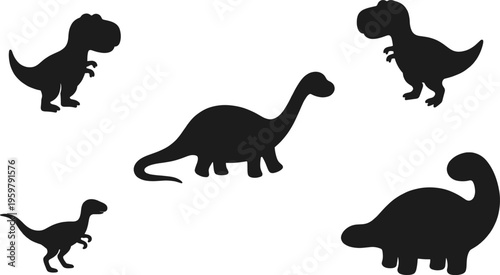 Set of dinosaur silhouettes isolated on white background, prehistoric animal collection with T-Rex and sauropod shapes, vector illustration for kids design