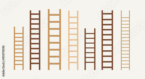 Variety of wooden ladders stand vertically symbolizing progress and varying heights