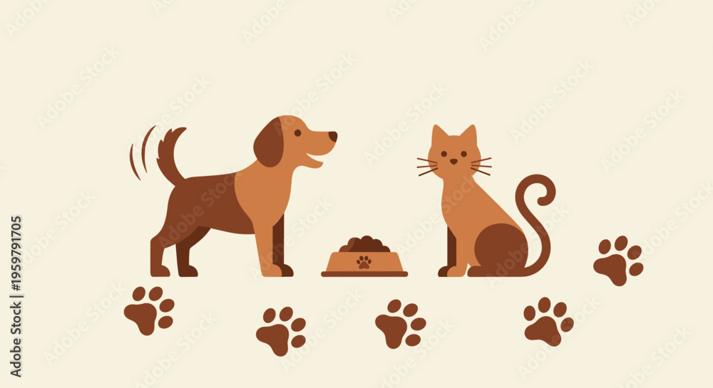 Fototapeta premium Illustration of a Dog Cat Food Bowl and Paw Prints on a Light Background