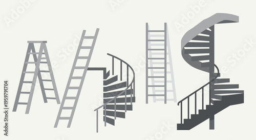 Illustration Set of Various Ladders and Spiral Staircases 
