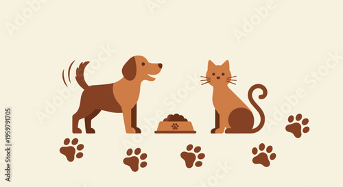 Illustration of a Dog Cat Food Bowl and Paw Prints on a Light Background
