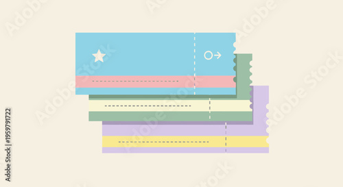 Illustration of stacked colorful tickets with star and gender symbols light background