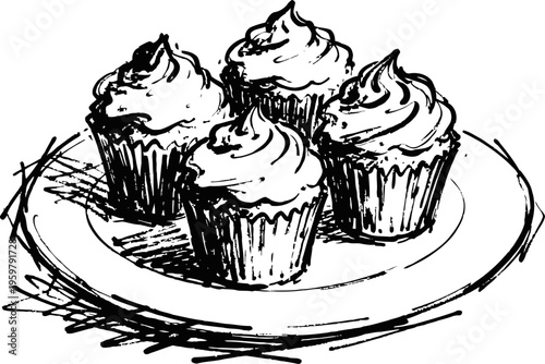 Cupcakes with creamy frosting on a plate delicious sweet desserts, baked goods, and bakery treats