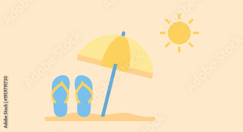 Minimalist beach scene with umbrella flip-flops and sun for summer relaxation