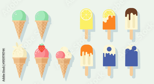 Vibrant Collection of Various Flavor Ice Cream Cones and Popsicle Treats Dessert