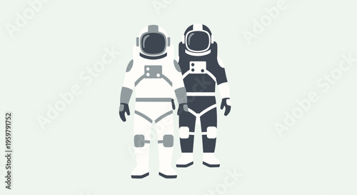 Two Astronauts in Space Suits Standing Side by Side with Minimalistic Design