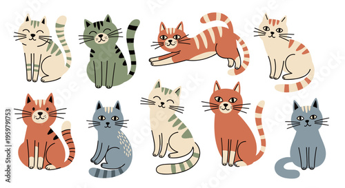 Charming collection of adorable cartoon cats in various poses and colors