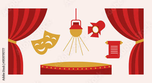 Vibrant illustration of theater elements: masks stage curtains and lights