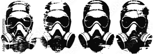 silhouettes of people wearing protective gas masks in a row on white background