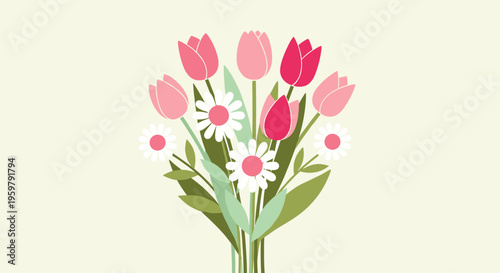 Illustration of a bouquet with pink tulips and white daisies on a light background