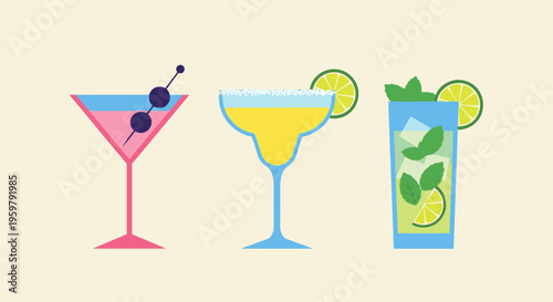 Vibrant Illustration of Various Refreshing Cocktails on a Light Cream Background