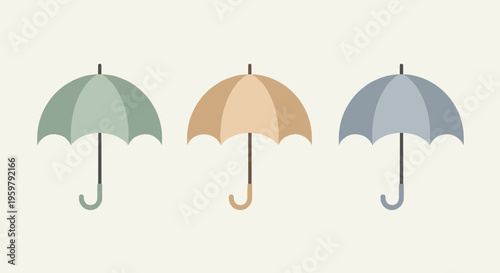 Three colorful minimalist umbrellas providing protection on a pale background