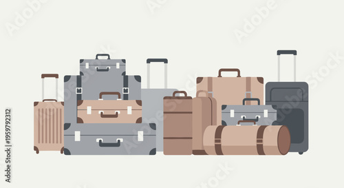 Illustration of a variety of travel luggage and suitcases stacked neatly for a trip