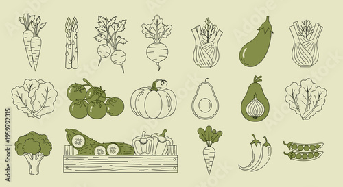 Vegetable icons set healthy food fresh produce natural ingredients collection