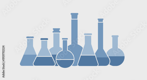 Abstract illustration of various laboratory flasks and beakers for scientific research