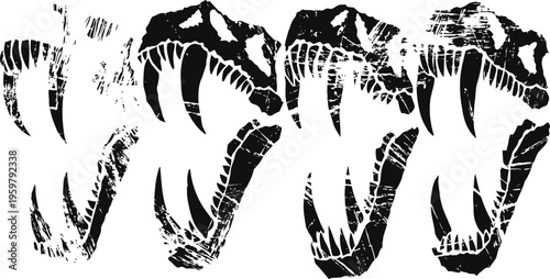 Dinosaur skull illustrations set t rex jaws with sharp teeth black and white prehistoric reptile skeleton art