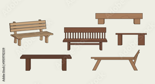 Collection of various styles of park and garden benches made from wood material