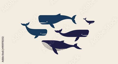 Minimalist whale group illustration swimming together on a light beige background